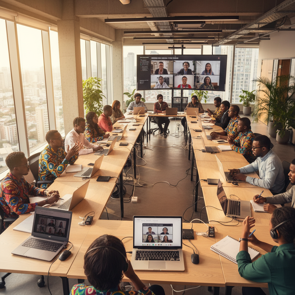 Global tech team members from Africa and Latin America in a remote collaboration session