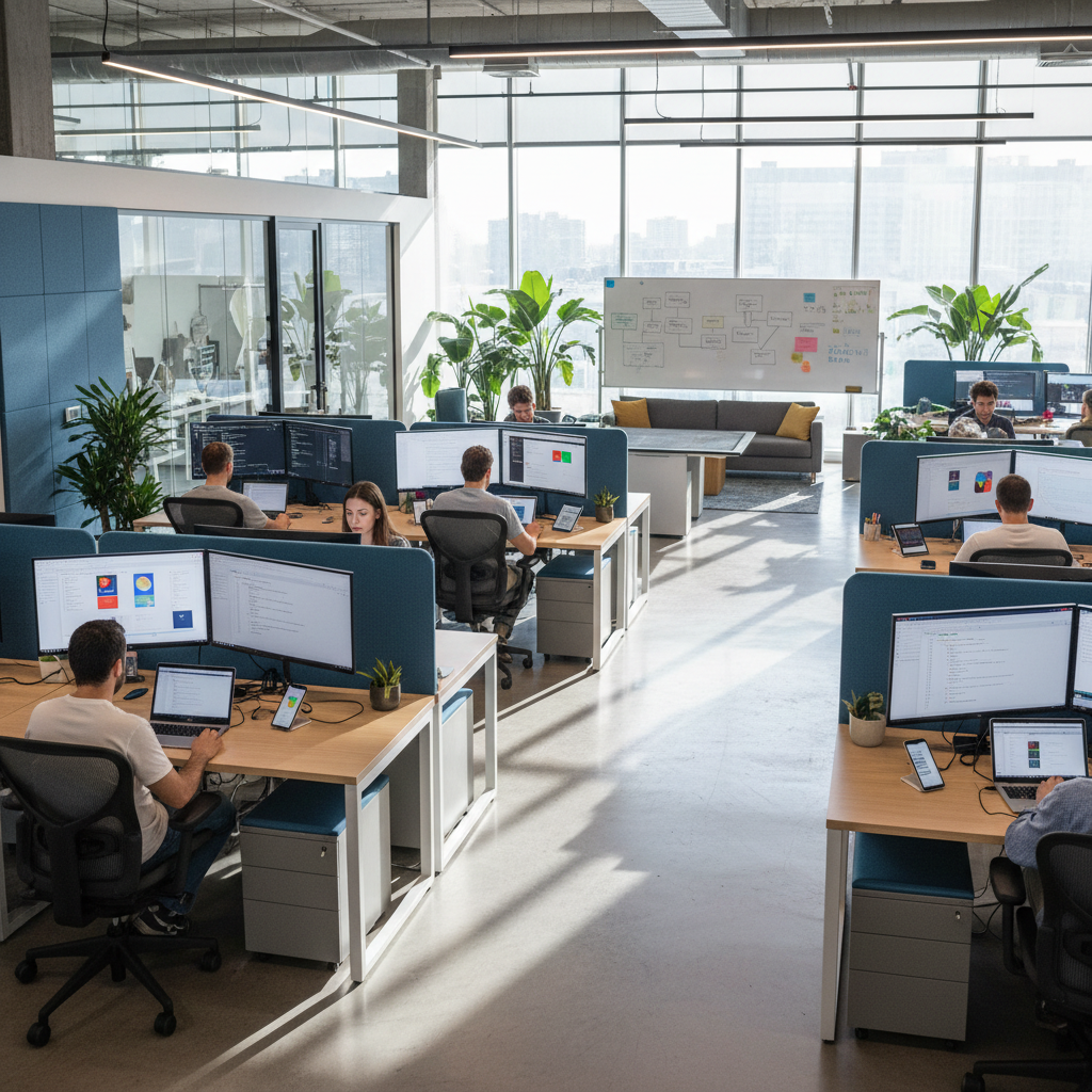 Software developers from Asia working on code review in a bright tech workspace