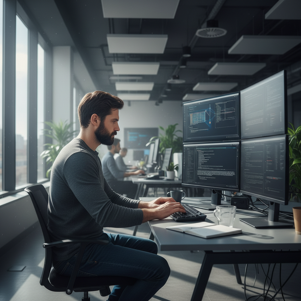Software engineers working in a Bangalore tech office with multiple monitors