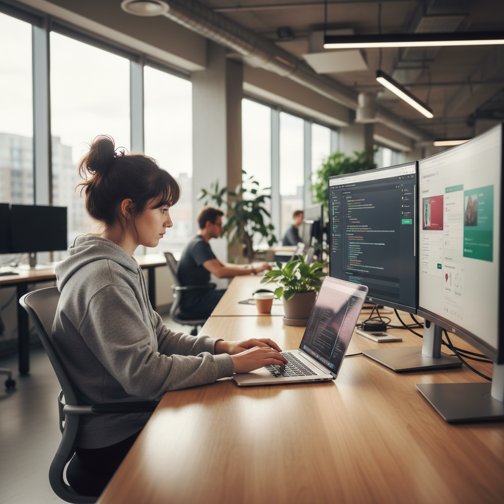 Vietnamese developer writing code on a laptop in a modern coworking space