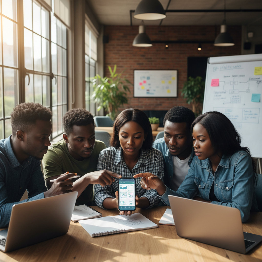 Kenyan tech team members in Nairobi reviewing a mobile application on a phone