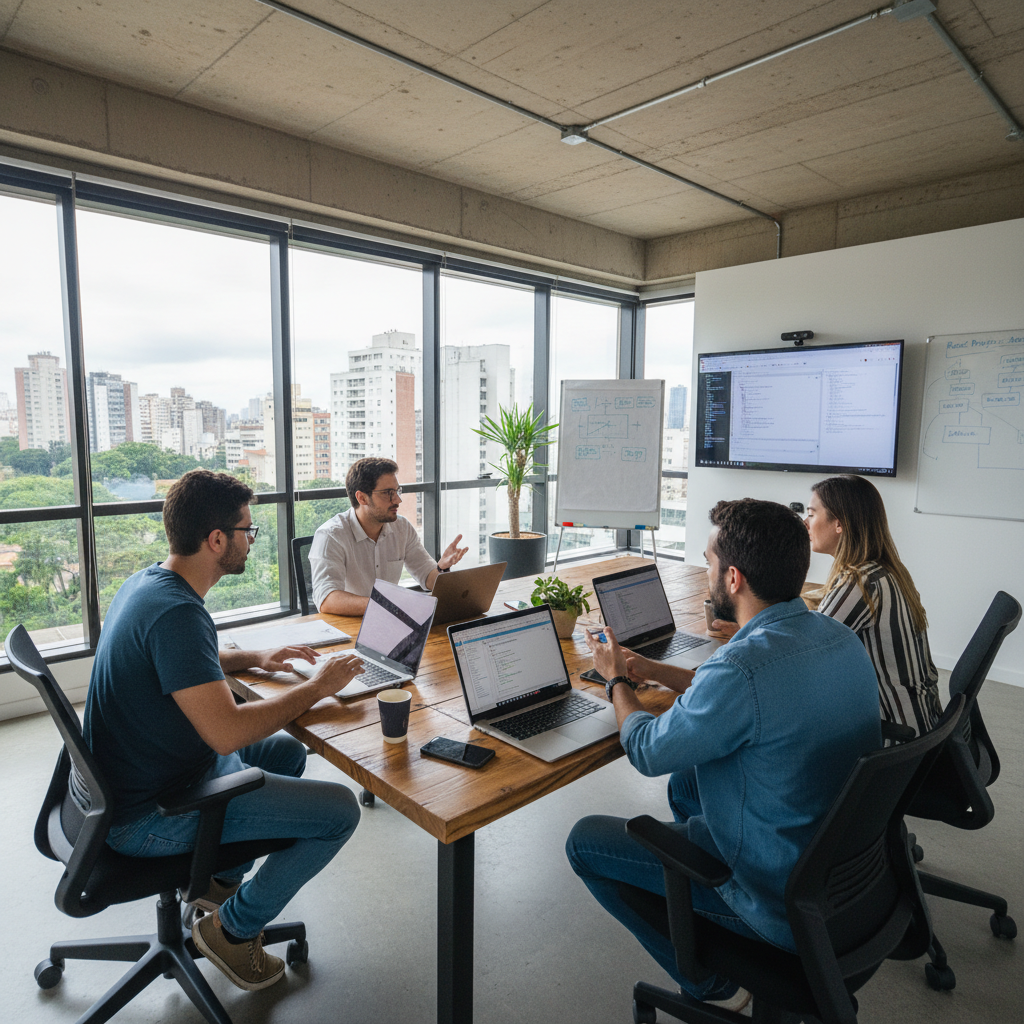 Brazilian software engineers in São Paulo collaborating on a React project